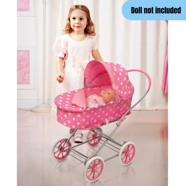 3-in-1 Convertible Doll Pram Carrier Stroller w/ Canopy Pretend Play Toy Pink