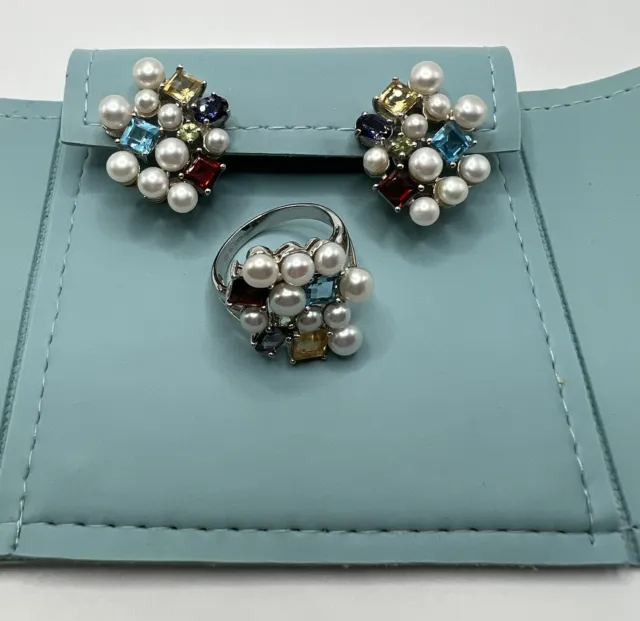 Ross Simons Pearl and Multi-Gemstone Sterling Silver Ring and Earrings Set