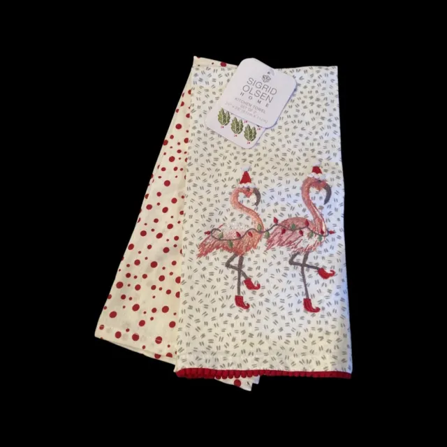 Christmas Embroidered Flamingo Kitchen Dish Towels Set of 2  Sigrid Olsen  New