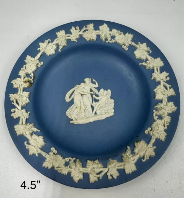 Vintage Wedgwood Blue Jasperware Round Trinket Ring Dish   Two Muses & Angel