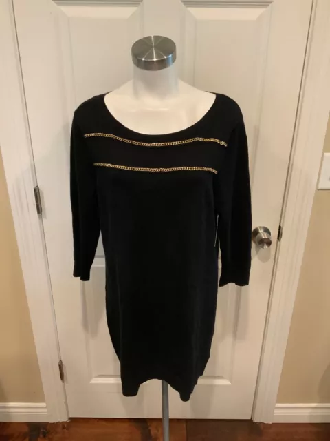 Michael Kors Black Long Sleeve Sweater Dress W/ Gold Chain Detail, Size L