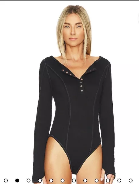 GOOD AMERICAN BLACK Bodysuit Size 2 Ribbed Good Body Henley Long Sleeve, NEW  $35.55 - PicClick