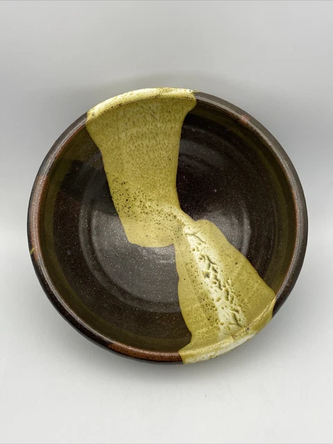 Studio Art Pottery Serving Bowl Signed Earthenware Dark Glaze 8”D Midcentury MCM