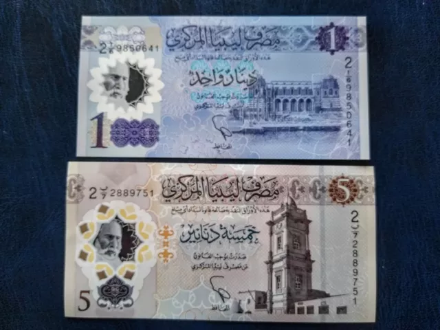 Libya A set 2 Banknotes 1+5 Dinars 2019-21 UNC  Polymer