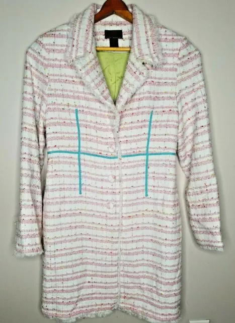 True Meaning Women’s XL Cream Pink Fringe Tweed Plaid Duster Jacket Coat