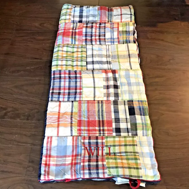 POTTERY BARN KIDS Madras Plaid Sleeping Bag Roll Up Has Embroidered Name WILL POTTERY BARN KIDS Madras Plaid Sleeping Bag Roll Up Has Embroidered Name WILL