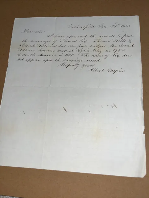 1853 Wethersfield CT Letter on Genealogy: Israel Williams & Lydia Riley Marraige