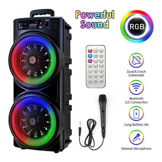 8.5& PORTABLE BLUETOOTH Karaoke Party RGB Mics Speaker Dual Subwoofer ...