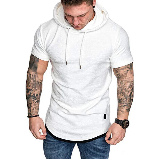 Men Hoodie Short Sleeve T-shirt Fitness Gym Tee Muscle Workout Hooded Shirt Top,