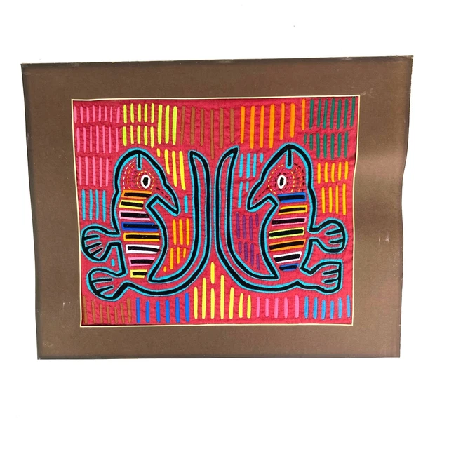 Vintage Mola Molas Textile Art Mirrored Animal Abstract Stylized 16 1/8 Red