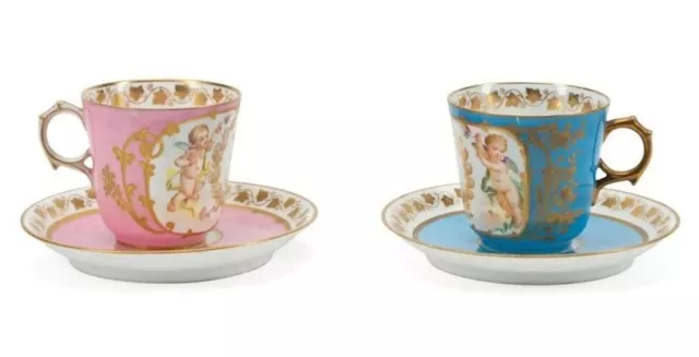 Sevres Louise Philippe Set 2 Tea Cups & Saucers Pink & Blue Cherub Celeste Gold