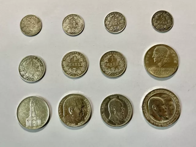 Lot Silbermünzen Kaiserreich, Weimar, 12 Stück mit seltenen Stücken - top!