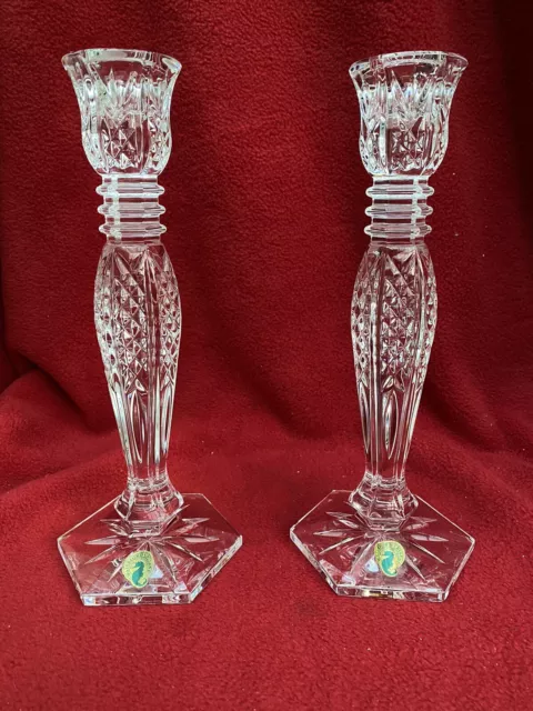 2 x WATERFORD CRYSTAL, IRELAND BETHANY CANDLESTICKS 10 INCHES / 26 cm HIGH VGC