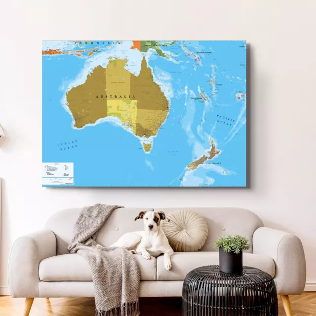 Australia New Zealand Map Stretched Framed Canvas Prints Wall Art Home Decor