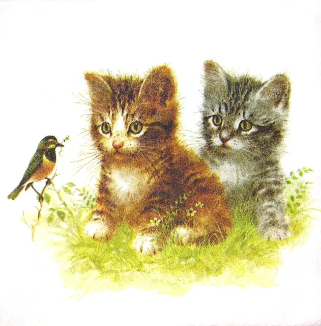 S016# 3x Single SMALL Paper Napkins Decoupage Tissue Brown Grey Cat Kittens Bird