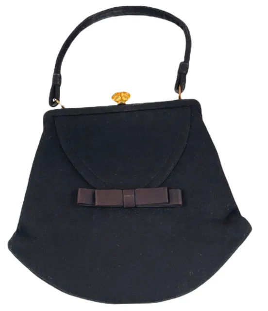 Vintage 1950s Crown Lewis Black Wool Handbag Purse Bow Gold Clasp Mid-century