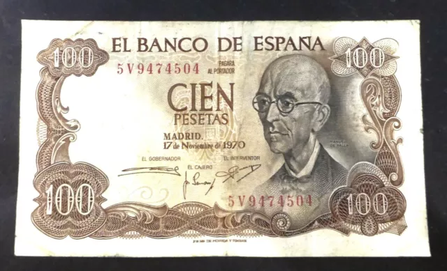 VINTAGE SPAIN 100 PESETAS 1970- FRANCISCO FRANCO Era-EL BANCO DE ESPANA Banknote