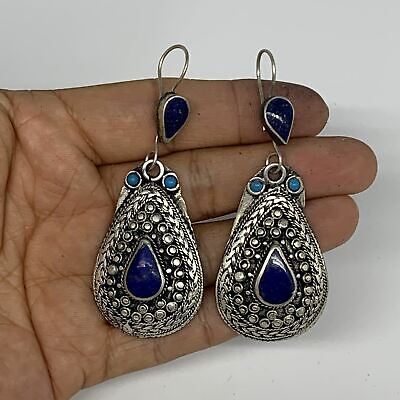1pc, 3"x1.1" Turkmen Earring Tribal Jewelry Lapis Lazuli Teardrop Boho, B14242