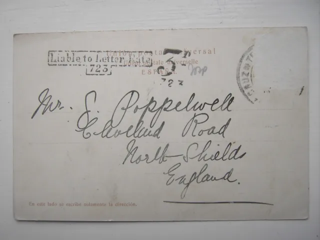 Southampton 723 Liable to letter Rate, 3d Postage Due. Undivided Back Postcard.