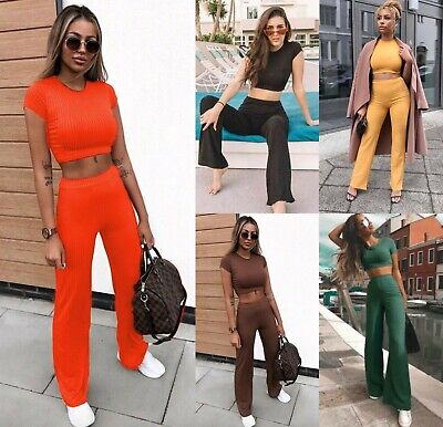 Women’s Ladies Ribbed Crop Top Bottom Co ord Loungewear Suit Boxy Tracksuit Set