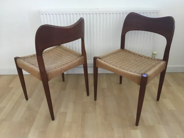 Two MCM 60s Danish Arne Hovmand Olsen Mogens Kold Paperchord Teak Dining Chairs