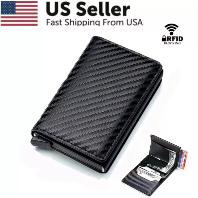 LEATHER CARBON FIBER Mens Wallet  RFID Blocking Purse Slim ID Credit Card Holder