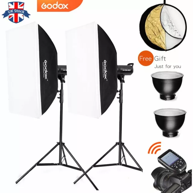 UK 2*Godox SK400II 400W Photography Studio Flash+2m stand softbox+Xpro Trigger