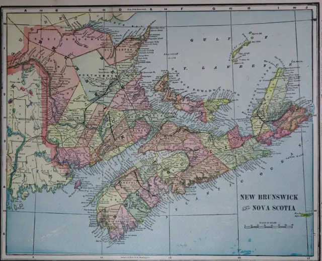 Old 1902 Cram's Atlas Map ~ NOVA SCOTIA - NEW BRUNSWICK ~ (11x14)   #637