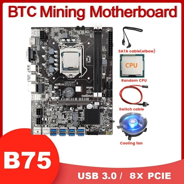 8 Card GPU B75 USB Miner Motherboard+CPU+CPU Fan+SATA Cable+Switch Cable 8X Y6O9