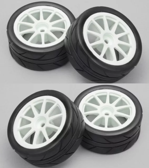 4pc White 10 Spoke Wheels w/On Road Racing Tires For 1/10 Scale RC Touring Car