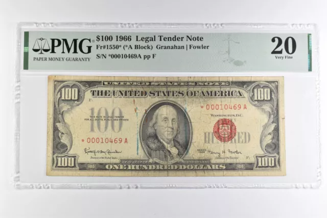 PMG VF 20 $100 1966 US Legal Tender Note Red Seal FR#1550* (*A Block) *8136