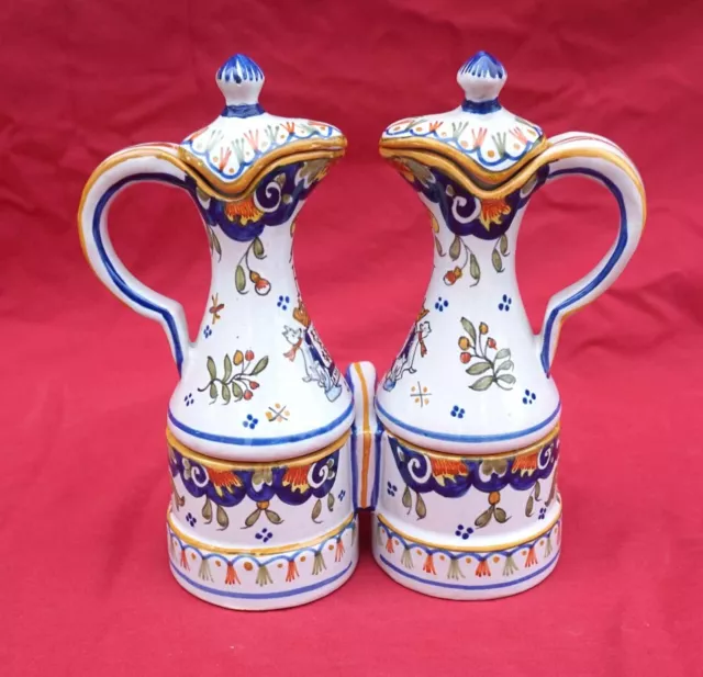 DESVRES Oil Vinegar Cruets Stand Rouen Decor Faience H Delcourt 1930