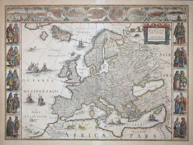 Europa Recens Descripta Randkarte Kontinent Blaeu Altkoloriert Ansichten 1640 2