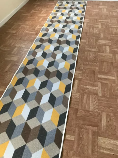 Ochre Grey Gold Hallway Stairs Runner Very Long Non Slip Cube Entrance Mat Rug