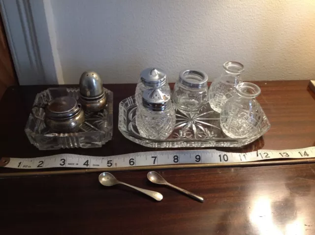 9 x Vintage Silver Plate & Glass Condiment Set Pieces