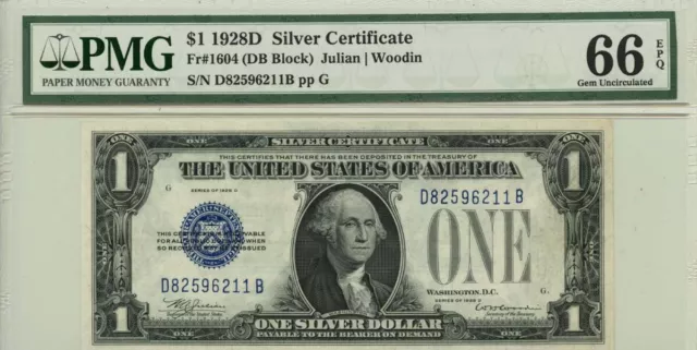 1928D $1 Silver Certificate Blue Seal Fr# 1604 PMG Gem66 EPQ
