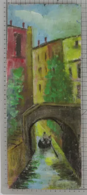 15x40 CM Pequeño Pintado Óleo Mesa Venezia Canales Vista Gondola Vintage X13