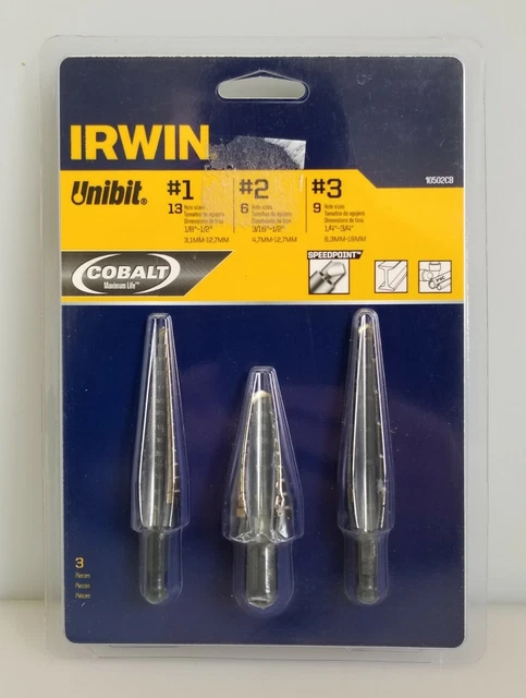 IRWIN Unibit 3-Piece Step Drill Bit Set, Cobalt, 1/8 to 3/4in, 10502CB, NEW