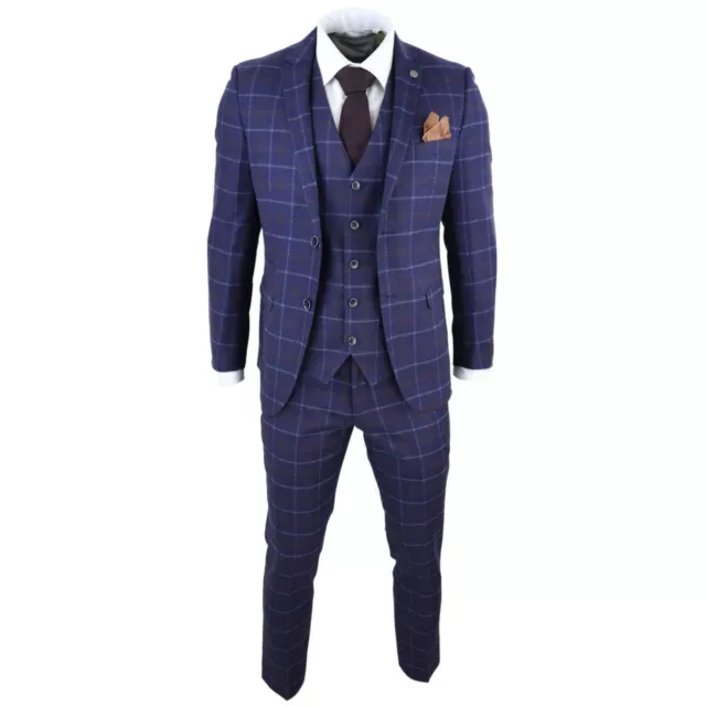 Mens 3 Piece Blue Suit Herringbone Tweed Check Tailored Fit 1920s Wedding Prom