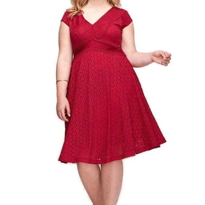 Lane Bryant V-Neck Cap Sleeve Lace Overlay Fit & Flare Dress Cranberry Red 20