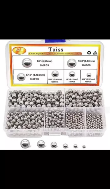 620PCS 304 Stainless Steel Precision Balls 6 Sizes 1/4" 7/32" 3/16" 5/32" 1/8...