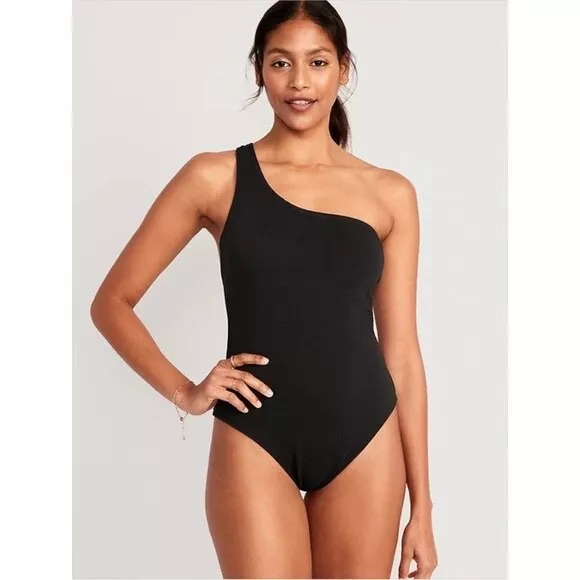 Old Navy One Shoulder Pucker Swimsuit  L Large |  Black Swim Suit #553063 NEW