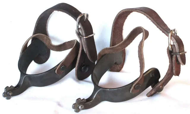 Vintage Pair BB Bob Blackwood Handmade Cowboy Steel Spurs w/Leather Straps VGC