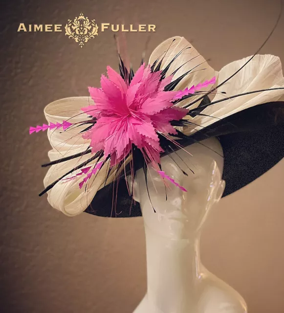 Kentucky Derby Hat Royal Ascot Style Black Hot Pink Vanilla Cream Silk Big Bow