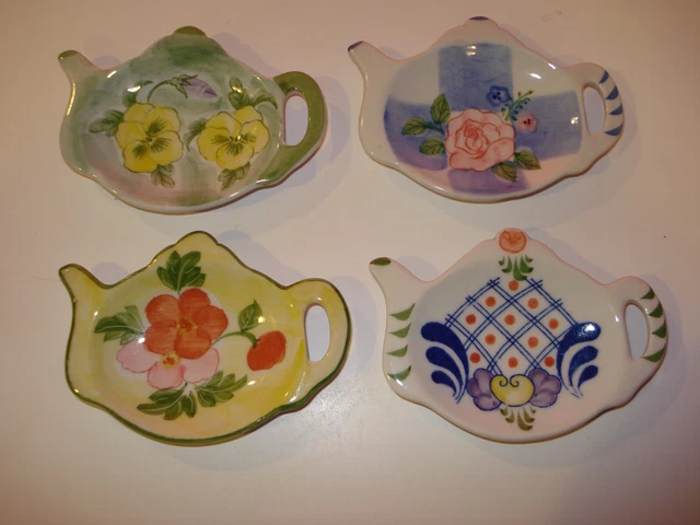4 Andrea by Sadek Teapot Shaped Tea Bag Holder Trinket Dish Spoon Rests Floral