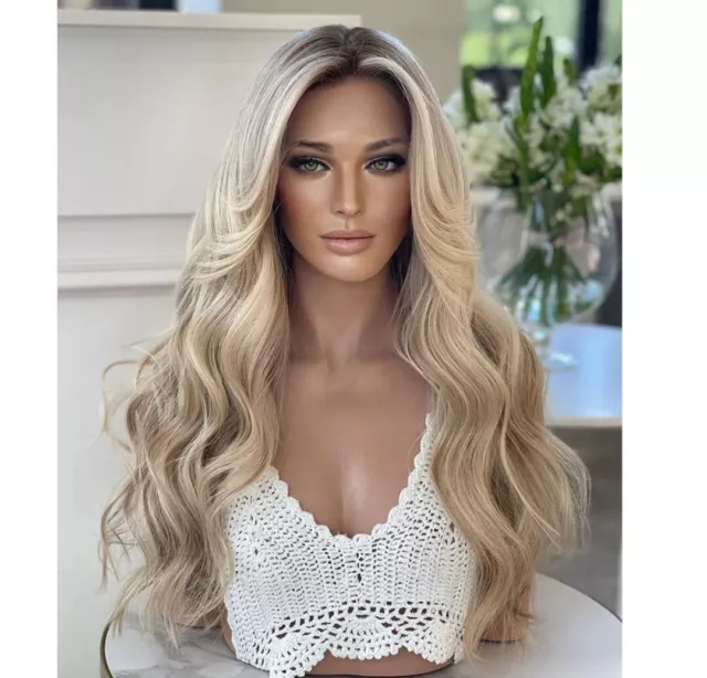 Damen natürliche Spitze vorne honiggolden blondes Haar wellig 13#3 klebrig