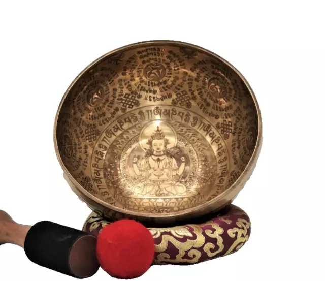10"Green Tara and Mantra Carving Tibetan Singing Bowl-Deep Sound Vibration Bowl