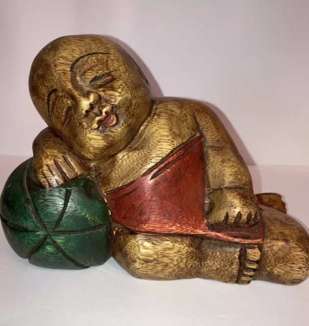 Vintage Wood Hand Carved Sleeping Boy Buddha On Melon Figure Wealth Good Luck