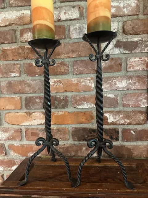 Pair Rod Iron Pillar Candle Holders Hand Forged Twist Gothic Rustic Lodge 18”