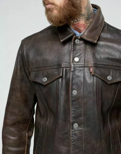 MEN'S LEVI'S BUFFALO Leather Trucker Jacket - Brown - Size Large EUR 256,72  - PicClick FR